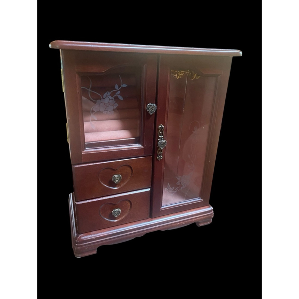 American Vintage Brown Wooden Jewelry Armoire with Glass Door